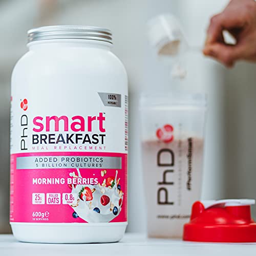 PhD SMART BEAKFAST Batido Nutritivo de Proteína Sustitutivo de Comidas y Desayunos, 600 g (10 porciones) Sabor Frutos Rojos