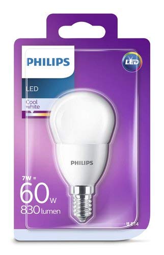 Philips bombilla LED esférica mate casquillo fino E14, 7 W equivalentes a 60 W en incandescencia, 830 lúmenes, luz blanca fría