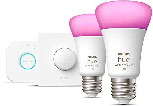 Philips Hue - Bombilla Inteligente, A60 E27, Luz Blanca y de Colores, 10. 5W, Compatible con Alexa y Google Home - Pack de 2 Bombillas LED inteligentes + Botón Inteligente + Hue Bridge, 929002468806