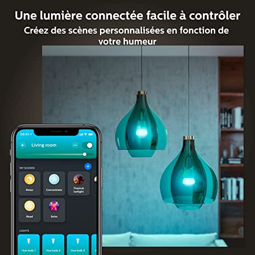 Philips Hue - Bombilla Inteligente, A60 E27, Luz Blanca y de Colores, 10. 5W, Compatible con Alexa y Google Home - Pack de 2 Bombillas LED inteligentes + Botón Inteligente + Hue Bridge, 929002468806