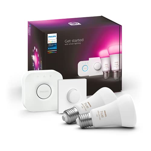 Philips Hue - Bombilla Inteligente, A60 E27, Luz Blanca y de Colores, 10. 5W, Compatible con Alexa y Google Home - Pack de 2 Bombillas LED inteligentes + Botón Inteligente + Hue Bridge, 929002468806