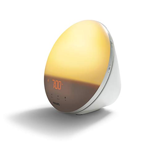 Philips Wake-up Light HF3531/01 Despertador de luz natural, 7 sonidos naturales, radio FM, alarma, con cargador móvil, plástico, Blanco, Con cargador móvil, 1 kilogramo