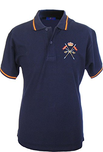 Pi2010 – Polo Caballería Española para Hombre, Color Marino, Bandera España en Cuello y Mangas, 100% algodón, Talla M