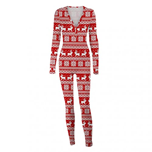 Pijama para Mujer Invierno con Solapa Botón en el Trasero | Mamelucos Retro de Navidad Cuadros Mono Señoras Body Elástico Slim Fit Traje de Dormir Outfit Cuello en V | Merry Christmas XXL Invierno