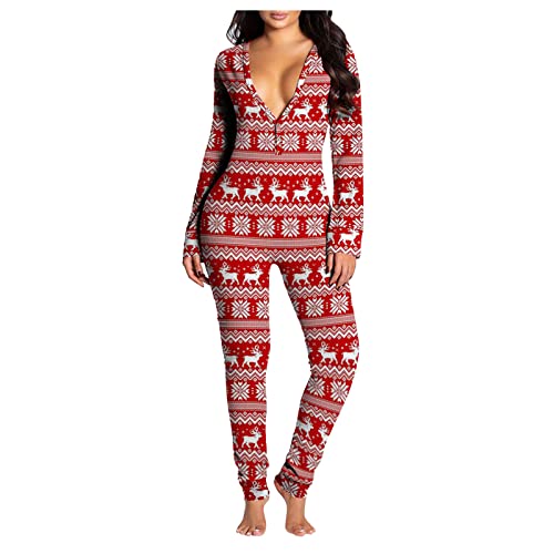 Pijama para Mujer Invierno con Solapa Botón en el Trasero | Mamelucos Retro de Navidad Cuadros Mono Señoras Body Elástico Slim Fit Traje de Dormir Outfit Cuello en V | Merry Christmas XXL Invierno