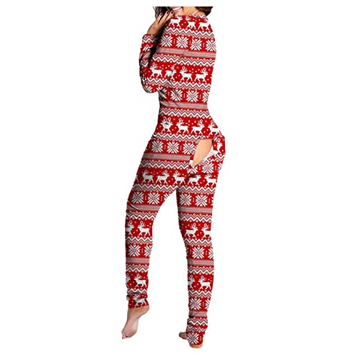 Pijama para Mujer Invierno con Solapa Botón en el Trasero | Mamelucos Retro de Navidad Cuadros Mono Señoras Body Elástico Slim Fit Traje de Dormir Outfit Cuello en V | Merry Christmas XXL Invierno
