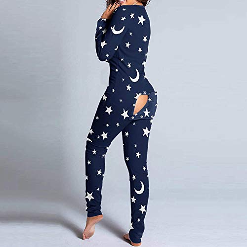 Pijama sexy para mujer, cuello en V, con botones, espalda descubierta, pijama de una pieza, Estrella azul., M