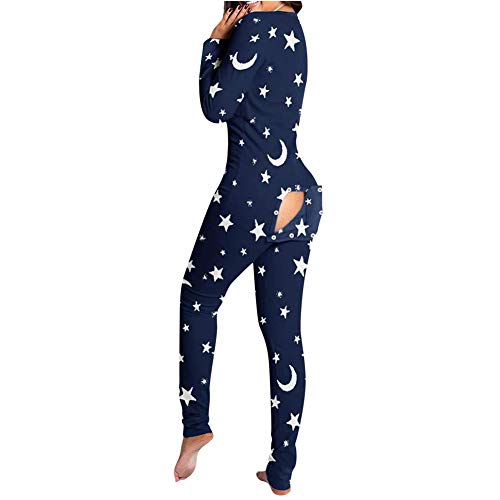 Pijama sexy para mujer, cuello en V, con botones, espalda descubierta, pijama de una pieza, Estrella azul., M