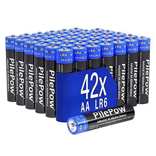 PilePow 42 Unidades, Pilas alcalinas AA, Industrial 1.5 V LR6 Almacenamiento de 10 años baterías Desechables para Juguetes, Reloj Despertador, Control Remoto portátil y Otros Dispositivos Diarios