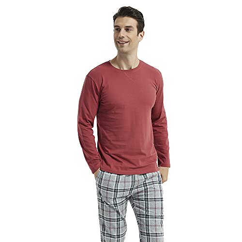 PimpamTex – Pijama Franela de Hombre con Pantalón y Manga Larga, Conjunto de Pijama de Invierno 100% Algodón y Franela para Hombre y Chico (L, Cuadro Víctor Burdeos)