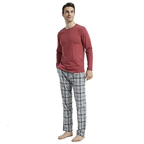 PimpamTex – Pijama Franela de Hombre con Pantalón y Manga Larga, Conjunto de Pijama de Invierno 100% Algodón y Franela para Hombre y Chico (L, Cuadro Víctor Burdeos)