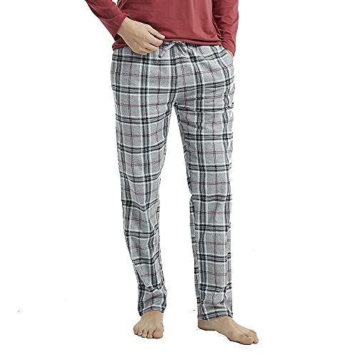 PimpamTex – Pijama Franela de Hombre con Pantalón y Manga Larga, Conjunto de Pijama de Invierno 100% Algodón y Franela para Hombre y Chico (L, Cuadro Víctor Burdeos)