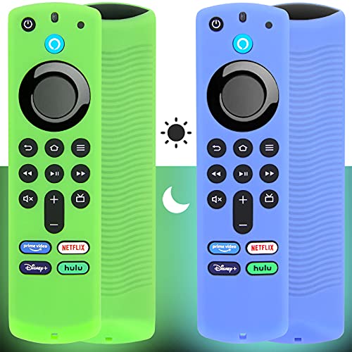 Pinowu Funda para mando a distancia compatible con Firestick de 3ª Gen para Firestick TV, que brilla en la oscuridad con cordón para muñeca para control remoto de voz (3ª Gen) - (2pcs,verde y azul)