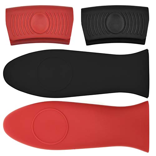 Pinsheng 4 Piezas Soporte de Silicona para Mango Caliente, Silicona Cubierta de Mango de Sartén Antideslizante Anti-quemaduras para Woks de Hierro Fundido, Utensilios de Cocina (Negro, Rojo)