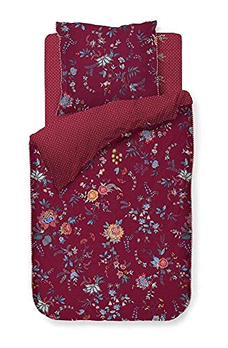 Pip Studio Funda de almohada individual Flower Festival color rojo oscuro, tamaño 40 x 80 cm