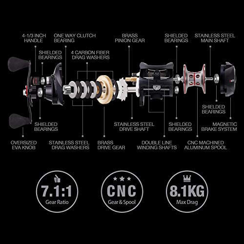 Piscifun Torrent Baitcasting carrete hilo de fibra de carbono Arrastre 7.1: 1 carrete pesca torneo baitcast Carretes anticorrosión engranajes y rodamientos agua salada y agua dulce, 7.1:1-Right Handed