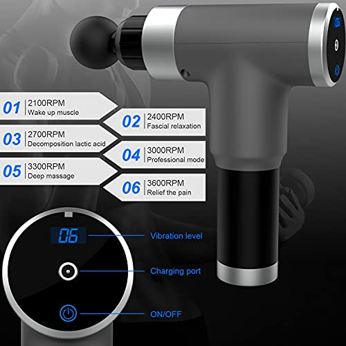 Pistola de Masaje Muscular, Masajeador Corporal de Mano para Aliviar el Dolor, Pistola Masajeadora de Percusión Recargable de 6 Velocidades con 4 Cabezales de Masaje y Estuche de Transporte