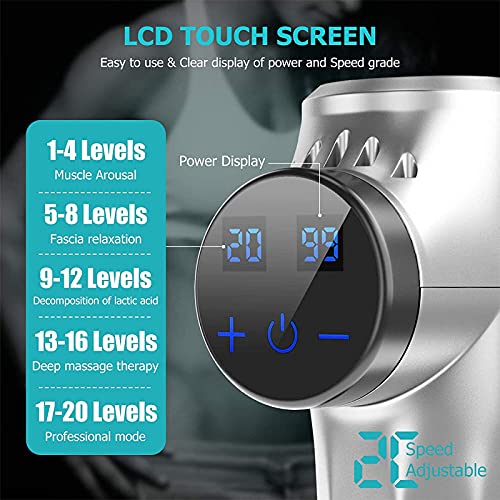Pistola de Masaje Muscular, Masajeador de Músculos de Tejido Profundo con 20 Niveles Ajustables, 4 Cabezales de Masaje y Pantalla LCD,Ultra Silenciosos para Relajación Fatiga, Ideal para Gimnasio.
