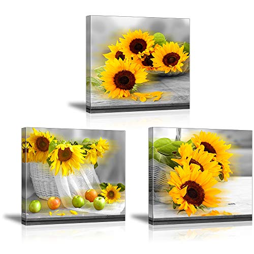 Piy Painting Cuadros Modernos, Girasol Floreciente Foto, 3 Piezas Floral Lienzo Decorativo para Tu Salón o Dormitorio, Cuadro en Lienzo en Orquidea Listo para Colgar, 30x30cm