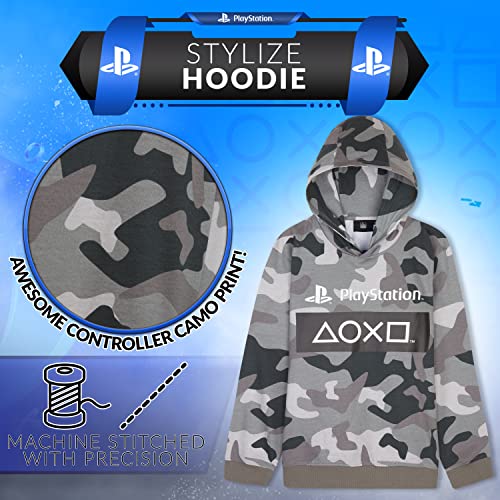 Playstation Sudadera Niño de Camuflaje, Sudaderas Niño con Capucha, Ropa para Niño 100% Algodon, Regalos para Niños y Adolescentes Edad 7-15 Años (Camuflaje Gris, 13-14 años)