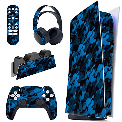 PlayVital Pegatina Completa para PS5 Edición Digital Calcomanía Vinilo para Playstation 5 Consola&Control&Estación de Recarga&Control Remoto&Audífonos Adhesivo para PS5-Camuflaje Azul Negro