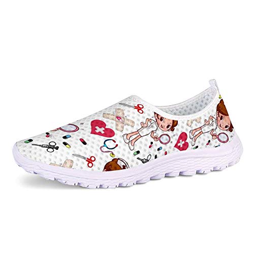 POLERO Zapatillas sin Cordones con Estampado de Enfermera para Mujer Zapatillas de Caminar Planas de Malla Transpirable Casual Zapatos de Trabajo livianos Senderismo Trotar, Blanco, Talla 39