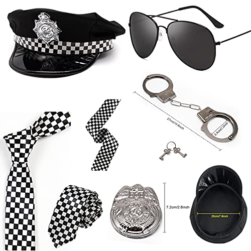 Policía Juego de 6 Accesorios para Fiestas de Disfraces con Gorro de Policía para Adultos, Insignia, Corbata, Esposas, Bastón, Gafas Negras para Hombres o Mujeres para Fiesta de Halloween de Cop