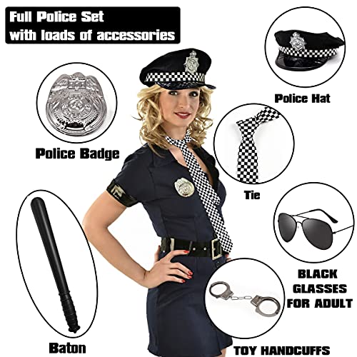 Policía Juego de 6 Accesorios para Fiestas de Disfraces con Gorro de Policía para Adultos, Insignia, Corbata, Esposas, Bastón, Gafas Negras para Hombres o Mujeres para Fiesta de Halloween de Cop