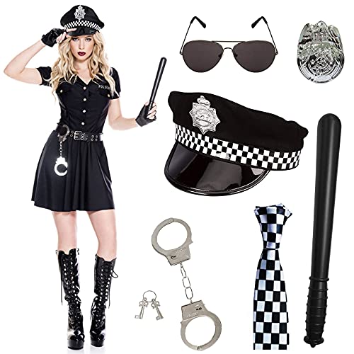 Policía Juego de 6 Accesorios para Fiestas de Disfraces con Gorro de Policía para Adultos, Insignia, Corbata, Esposas, Bastón, Gafas Negras para Hombres o Mujeres para Fiesta de Halloween de Cop