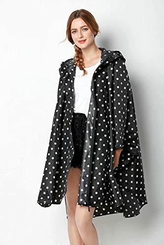 Poncho impermeable para mujer, con capucha, ligero y reutilizable Negro Lunares negros. Talla única