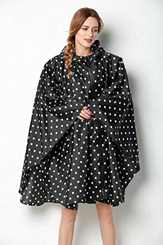 Poncho impermeable para mujer, con capucha, ligero y reutilizable Negro Lunares negros. Talla única