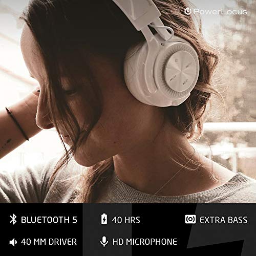 PowerLocus Bluetooth Auriculares Diadema, [Bluetooth 5.0,40h de música] Cascos Bluetooth Inalámbrico Plegable Casco Bluetooth y Cable Sonido Estéreo con Micrófono para iPhone,Móviles,TV, PC (Blanco)