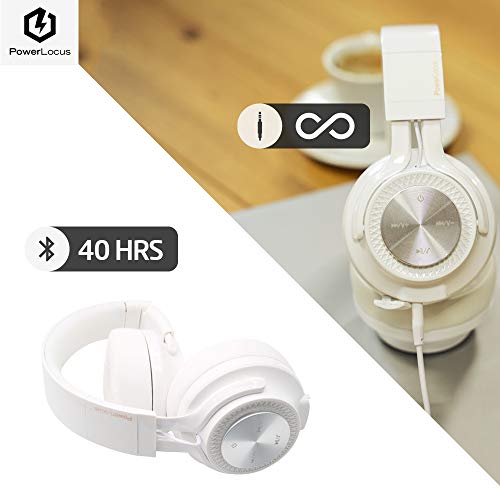 PowerLocus Bluetooth Auriculares Diadema, [Bluetooth 5.0,40h de música] Cascos Bluetooth Inalámbrico Plegable Casco Bluetooth y Cable Sonido Estéreo con Micrófono para iPhone,Móviles,TV, PC (Blanco)