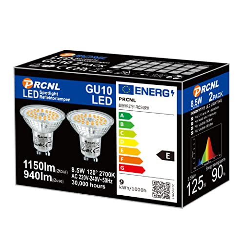 PRCNL GU10 Lámparas LED blanco cálido, fuente de luz 8.5W, 940 lúmenes, 2700 Kelvin, AC220-240V, blanco cálido GU10 Reemplaza lámparas halógenas de 125W, ángulo de haz de 120 ° Bombilla no regulable