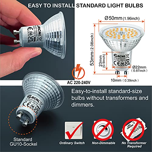 PRCNL GU10 Lámparas LED blanco cálido, fuente de luz 8.5W, 940 lúmenes, 2700 Kelvin, AC220-240V, blanco cálido GU10 Reemplaza lámparas halógenas de 125W, ángulo de haz de 120 ° Bombilla no regulable