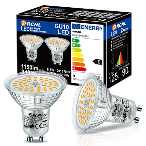 PRCNL GU10 Lámparas LED blanco cálido, fuente de luz 8.5W, 940 lúmenes, 2700 Kelvin, AC220-240V, blanco cálido GU10 Reemplaza lámparas halógenas de 125W, ángulo de haz de 120 ° Bombilla no regulable