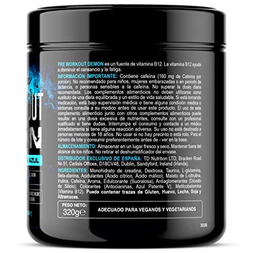 Pre Workout Demon (Sabor Frambuesa Azul) - Suplemento Potente pre-Entreno con Creatina, Cafeína, Beta-Alanina y Glutamina (Envase de 320 Gramos - 40 Porciones)