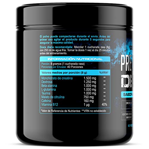 Pre Workout Demon (Sabor Frambuesa Azul) - Suplemento Potente pre-Entreno con Creatina, Cafeína, Beta-Alanina y Glutamina (Envase de 320 Gramos - 40 Porciones)