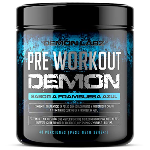 Pre Workout Demon (Sabor Frambuesa Azul) - Suplemento Potente pre-Entreno con Creatina, Cafeína, Beta-Alanina y Glutamina (Envase de 320 Gramos - 40 Porciones)