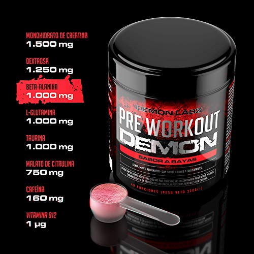 Pre Workout Demon (Sabor Frutas del Bosque) - Suplemento Potente pre-Entreno con Creatina, Cafeína, Beta-Alanina y Glutamina (Envase de 320 Gramos - 40 Porciones)