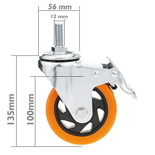 PrimeMatik - Rueda pivotante Industrial de Poliuretano con Freno 100 mm M12 4-Pack