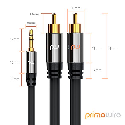 Primewire - 0,5m HQ 2x RCA a 3.5 mm Jack Cable da Audio AUX - 2x Conectores RCA Cinch Macho a 1x Conector 3,5mm Jack Macho - Conector metálico de precisión - Serie