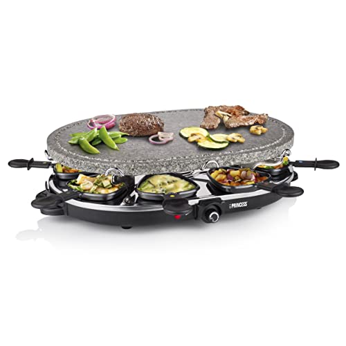 Princess 162720 Raclette y Parrilla de Piedra Ovalada para 8 personas, Superficie para cocinar de 43x30 cm, 8 sartenes y 8 espátulas incluidas, revestimiento antiadherente, 1200 W