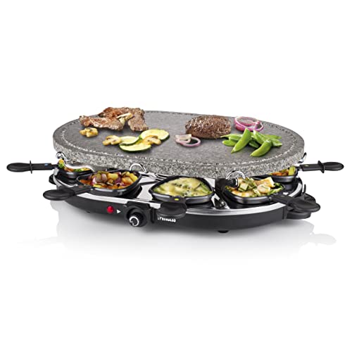 Princess 162720 Raclette y Parrilla de Piedra Ovalada para 8 personas, Superficie para cocinar de 43x30 cm, 8 sartenes y 8 espátulas incluidas, revestimiento antiadherente, 1200 W