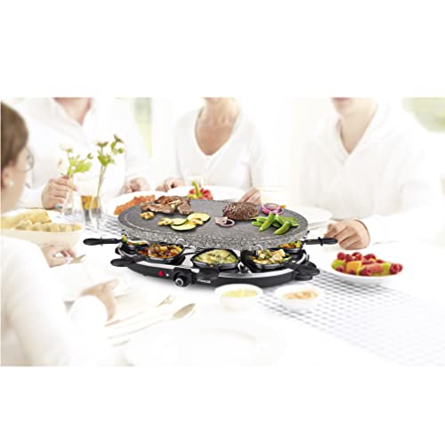 Princess 162720 Raclette y Parrilla de Piedra Ovalada para 8 personas, Superficie para cocinar de 43x30 cm, 8 sartenes y 8 espátulas incluidas, revestimiento antiadherente, 1200 W