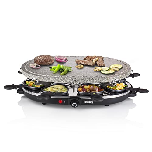 Princess 162720 Raclette y Parrilla de Piedra Ovalada para 8 personas, Superficie para cocinar de 43x30 cm, 8 sartenes y 8 espátulas incluidas, revestimiento antiadherente, 1200 W