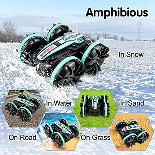 Pristar Coche de Juguete Anfibio 4WD Resistente al Agua para Acrobacias Control Remoto para niños 2.4 GHz Control Remoto 360° Giratorio Coche RC Playa Piscina Juguetes Regalos para niños, 2X baterías