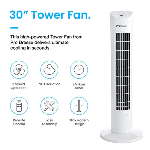 Pro Breeze Ventilador de Torre Oscilante Silencioso 60W con Temporizador y Mando a Distancia, Oscilación de 70° y 3 Modos de Funcionamiento - Altura de 76 cm