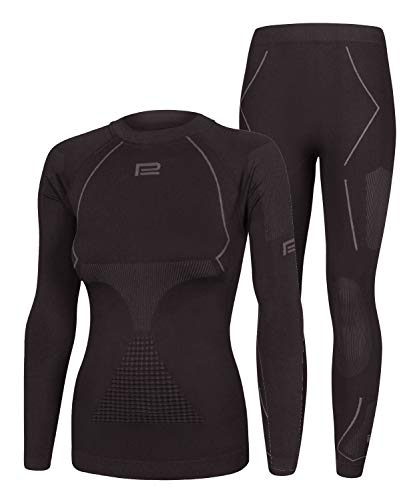 Prosske Ropa interior funcional para mujer sin costuras Thermo Xtreme 2.0, conjunto de ropa interior térmica de esquí transpirable (negro-gris, L/XL)