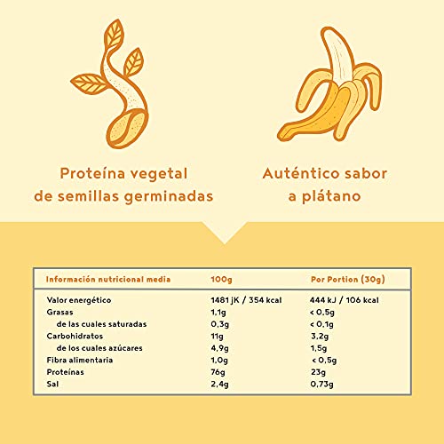 Proteina Vegana - BANANA - Proteinas vegetal de arroz, guisantes, semillas de lino, amaranto, semillas de girasol y semillas de calabaza germinadas - 600 g en polvo con sabor a Banana